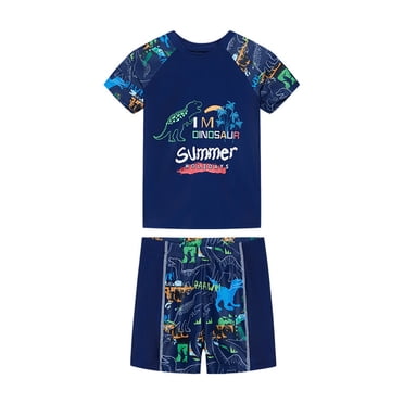 Hiiyo Big Boys Swimsuit Dinosaur Print Short Sleeved Rash Guard Shorts Bathing Suit Quick Dry Swimwear