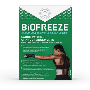 Biofreeze Patches (5 Large Size), Penetrating Pain Relief for Sore Muscles, Arthritis, Backaches, and Sore Joints, Fast Acting, Long Lasting, Cooling Menthol Formula, Mess Free Application, Flexible F