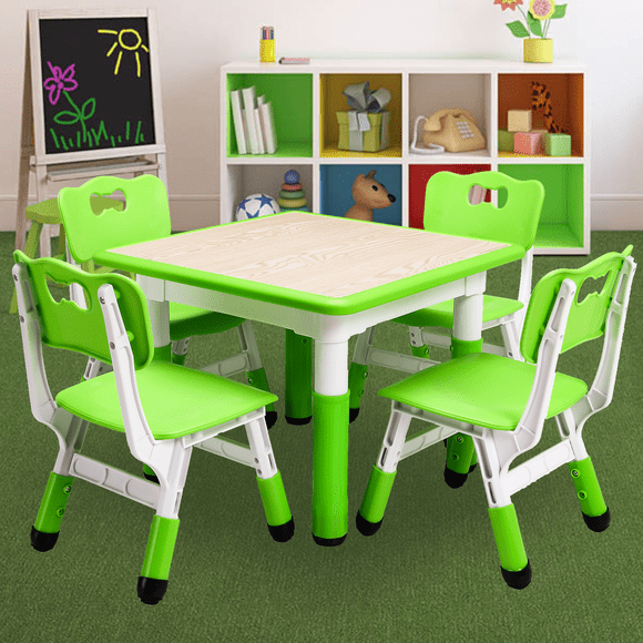 Kids Table & 4 Chairs Set, Height Adjustable 18.9"-23.6" for Ages 2-8, Non-Slip Legs, Wipe-Clean Graffiti Desktop, Toddler Activity Table for Home, Preschool