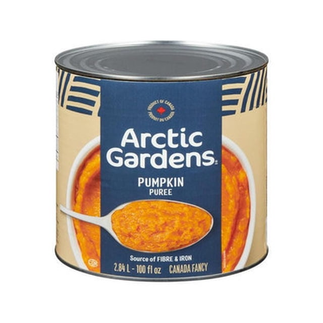 Arctic Gardens Canada Fancy Pumpkin Puree in a 2.84L (96 oz) can. The label features a spoonful of smooth, orange pumpkin puree, highlighting its creamy texture. The can is shelf-stable and ideal for baking, cooking, or adding to recipes like pies, soups, and muffins. Made in Canada, it offers a nutritious profile with vitamin A and fiber, and is free from fat, sodium, and cholesterol.