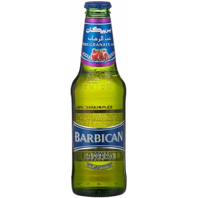 Barbican Pomegranate Drink in a green glass bottle with a blue and purple label featuring pomegranate fruit, labeled as a non-alcoholic malt beverage with a blue cap, often enjoyed cold for a crisp, refreshing taste.