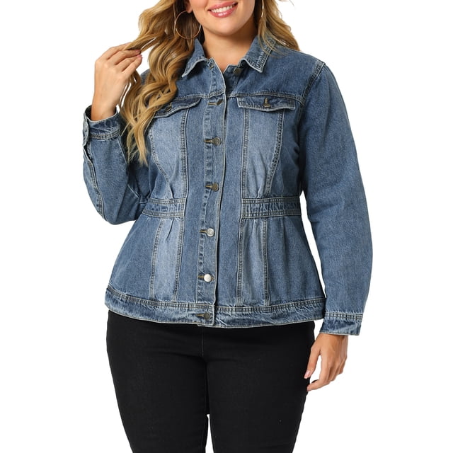 GRACE & GRANDEUR Manteau de Mode pour Femme Grande Taille à Manches Longues en Denim à Boutons
