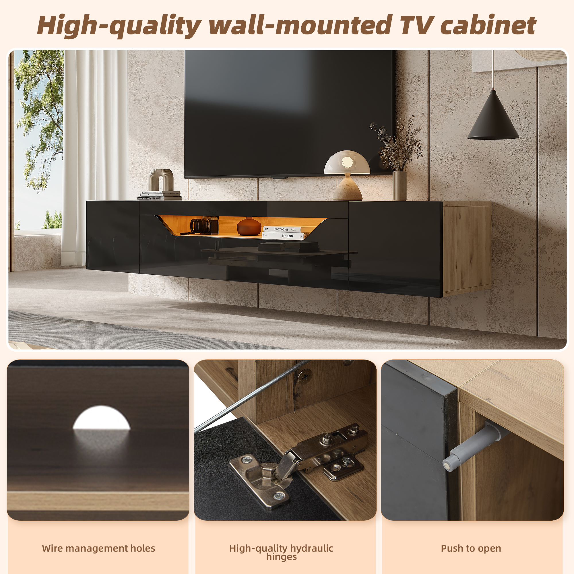 Homy Casa 64.9" Wall-Mounted TV Stand with LED Lights and 3 Storage Compartments, Black and Natural