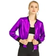 thumbnail image 1 of INSPIRE CHIC Women's Costume Stand Collar Metallic Zip Crop Length Bomber Jacket, 1 of 7