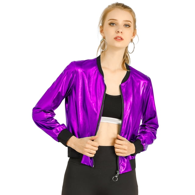 INSPIRE CHIC Women's Costume Stand Collar Metallic Zip Crop Length Bomber Jacket