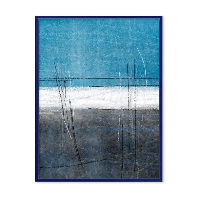 Designart Teal Meets Grey Abstract Art FLOAT FRAME WALL ART with gallery-wrapped canvas featuring horizontal teal, grey, and white bands and thin black and white vertical lines, stretched over a 1-inch wood subframe and enclosed in a blue floating frame, ready to hang in home décor.