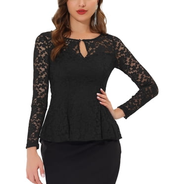 INSPIRE CHIC Haut pour Femme en Dentelle avec Goutte à l'Avant, Ourlet Péplum, Blouse Transparente à Manches Longues, TG, Noir
