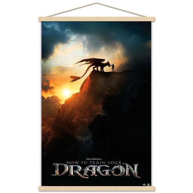 How To Train Your Dragon (2025) - Teaser One Sheet Wall Poster depicting a silhouetted dragon and person standing on a rocky cliff at sunset with dramatic clouds, printed on glossy photo art paper with a wooden magnetic frame, 22.375 by 34 inches, suitable as wall art for bedrooms, offices, or dorm rooms.