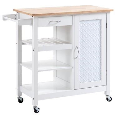 HOMCOM Kitchen Cart on Wheels with Embossed Door Panel, Drawer, White