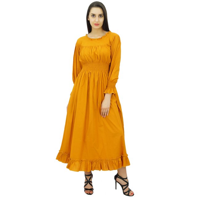 Bimba Robe Maxi Longue Décontractée en Coton pour Femme à Taille Smockée