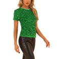 thumbnail image 4 of INSPIRE CHIC Haut en Velours à Paillettes pour Femme Col Rond Manches Courtes Blouse de Soirée Boîte de Nuit TP Vert, 4 of 6