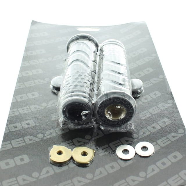 BRP Sea-Doo OEM Handle Grip Kit Grey/Black, 295500977 shown in its original packaging. Features dual density rubber grips designed for enhanced comfort and control, sold in pairs. Suitable for all watercraft models from 2000 onward, excluding Spark models from 2015 and earlier. Ideal for boat accessories and watercraft upgrades.