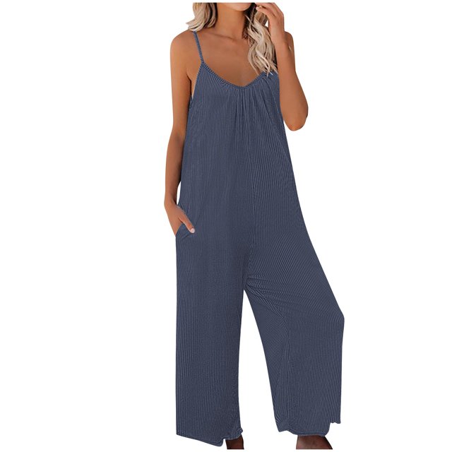 RKSTN Jumpsuits for Women 2024 V Neck Sleeveless Jumpsuits Spaghetti Straps Solid Color Loose Plus Size Long Pants Rompers with Pockets