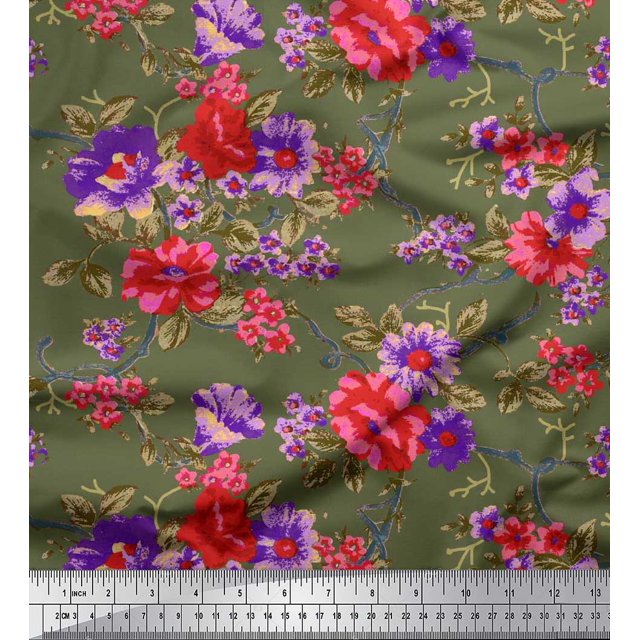 Soimoi Polyester Crepe Fabric Leaves & Floral Print Fabric by The Yard 52 Inch Wide