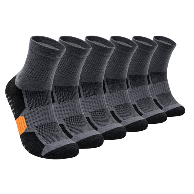 RKSTN Mens Socks, a set of 6 pairs of thick-bottomed, loop-elastic training socks in a mid-calf tube design. These socks are made from breathable fiber material and come in black, gray, and navy colours. They feature reinforced heels and toes for durability, cushioned soles for comfort, and non-slip elastic cuffs to ensure a secure fit. Suitable for activities like walking, running, hiking, and gym workouts. Designed for sizes 38-43 and machine washable.