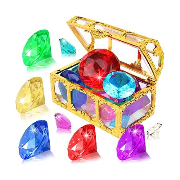 Diving Gem Pool Toys Colorful Diamond Gem with Treasure Pirate Chest Box Summer Underwater Gemstones Set