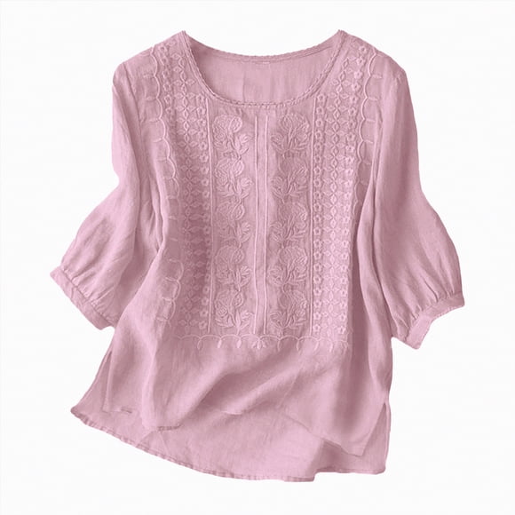 Splozh Ladies Long Sleeve Tops Linen Shirts for Women Retro Embroidery Summer Loose 3/4 Sleeve Tshirts Tunic Tops Casual Blouses Boho Clothes Pink,L