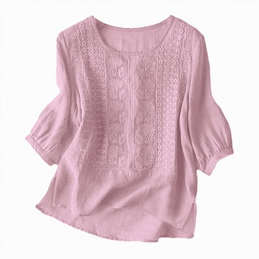 Splozh Womens Cotton T Shirts Linen Shirts for Women Retro Embroidery Summer Loose 3/4 Sleeve Tshirts Tunic Tops Casual Blouses Boho Clothes Pink,2XL