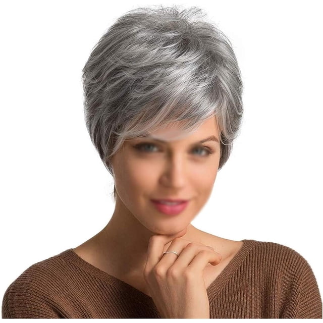 HSHDLDF Well Pixie Cut Short Grey Human Hair Wigs For Women Natural Wig
