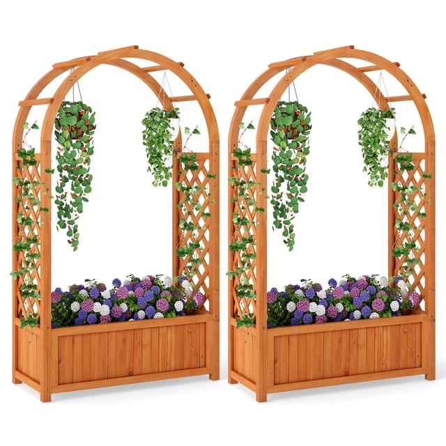 Costway 2 PCS Raised Garden Bed Wooden Elevated Planter Box with Lattice Trellis & Ached Roof