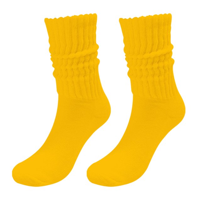 XIAQUJ Socks Solid Color Crew Socks in a vibrant gold shade, featuring a lightweight and breathable cotton material. These medium tube socks are designed for comfort and durability, suitable for all seasons and various outfits. The ribbed texture and elastic fit provide a secure grip, making them ideal for daily wear or outdoor activities. Displayed as a pair against a white background.