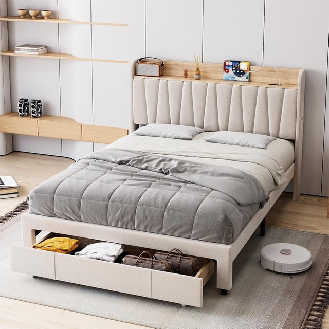 Cherish Cadre de Lit Plateforme avec Tête de Lit de Rangement et Tiroirs – Lit Rembourré, Station de Recharge Intégrée, Conception Silencieuse, outil-Free Assembly, Aucun Sommier Requis