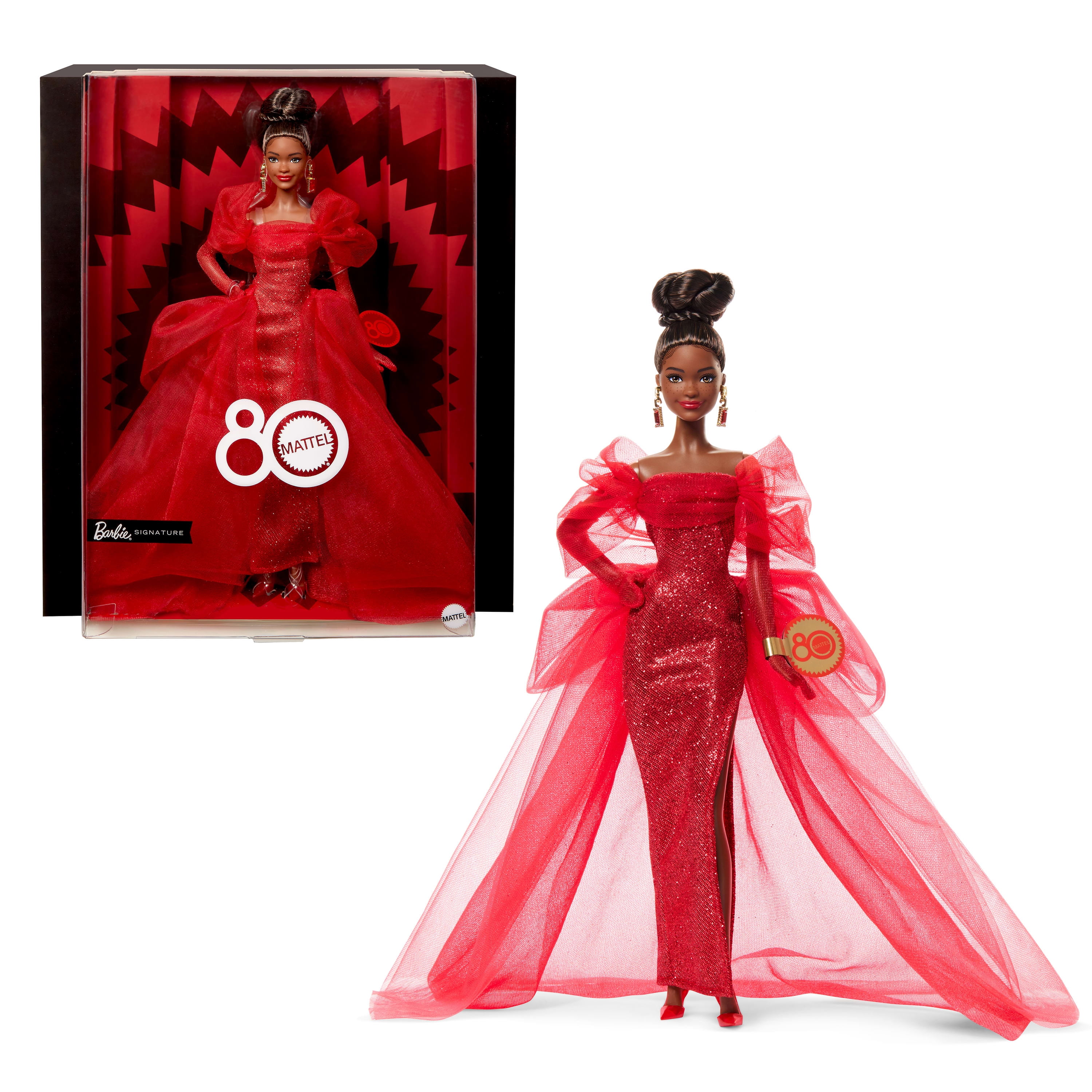 Poupée de collection BarbieSignature pour le 80eanniversaire de Mattel, robe rouge en tulle scintillant, cheveux bruns