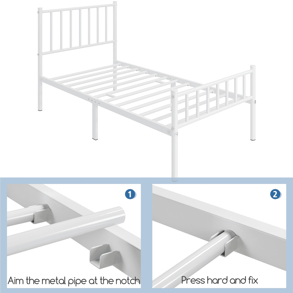 Fullfurnique Minimalist Metal Bed Frame with Vertical Bar Headboard and Footboard, Queen, White