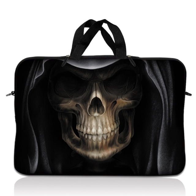 LSS Laptop Sleeve Bag 17 Inch Neoprene Carrying Case with hooded dark lord skull artwork on both sides. Scratch-resistant neoprene material provides laptop protection from drops and scratches. Features dual zipper closure, soft inner edge guard lining, and handles for easy carrying. Lightweight, water-resistant, and slim design suitable for laptops and tablets, perfect for travel or business use.