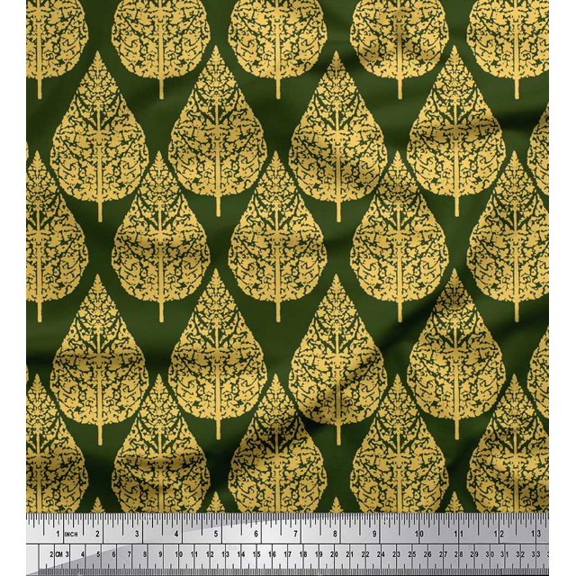 Soimoi Moss Georgette Fabric Floral & Flying Swan Block Printed Fabric 1 Yard 42 Inch Wide