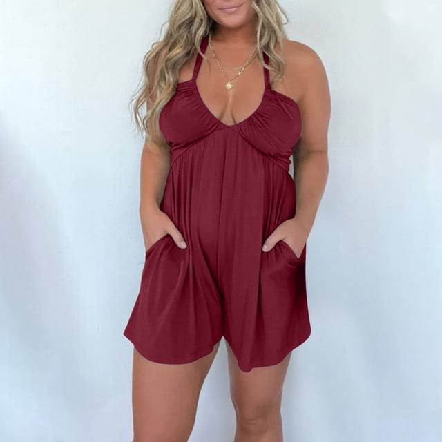Gspmoly Shorts de Course pour Femmes, Combinaison d'Été Décontractée et Tendance Sans Manches à Bretelles, Taille Élastique, Double Poche, Shorts de Randonnée pour Femmes, Offres Hebdomadaires, Bourgogne TTG