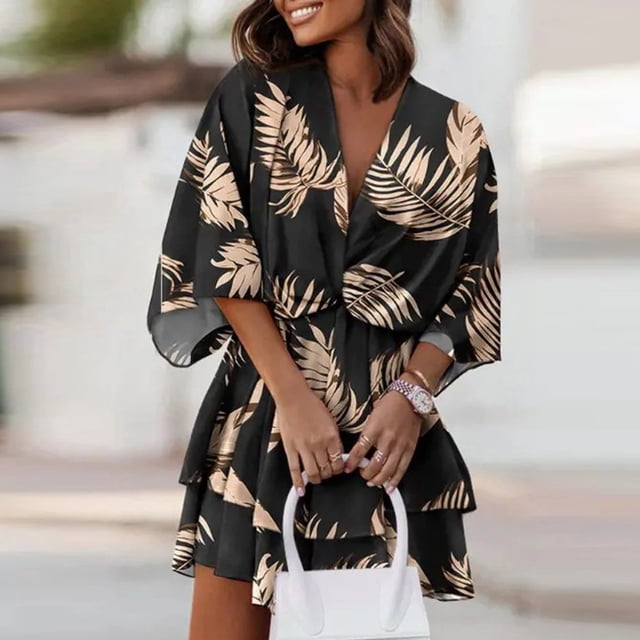 Women‘s Floral Print Mini Dress Pleated V Neck Drawstring Elastic Waist Ruffle Layered Mini Dress