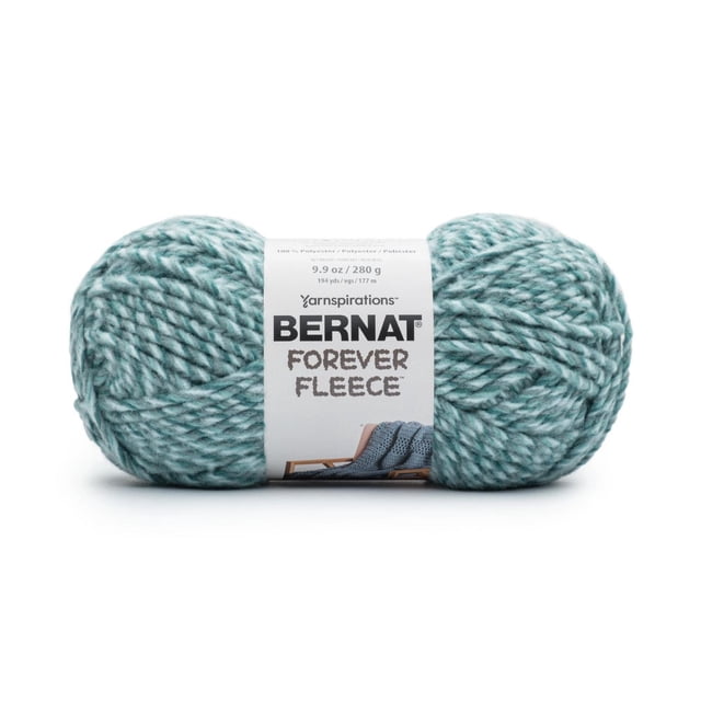 Bernat® Forever Fleece™ Yarn, super bulky #6 polyester yarn in a 9.9 oz (280 g) skein with a soft, fleecy blue and white twisted texture and a white label showing the Bernat logo and product info, suitable for fast knitting and craft projects.