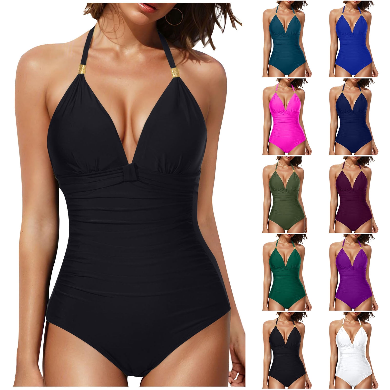 VBTAPA Tummy Control Swimsuits for Women Full Coverage One Piece Bathing Suits Metal Halter V Neck Ruched Slimming Swimwear Today's Sales Wine M
