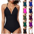 thumbnail image 1 of VBTAPA Tummy Control Swimsuits for Women Full Coverage One Piece Bathing Suits Metal Halter V Neck Ruched Slimming Swimwear on Sale Green L, 1 of 5