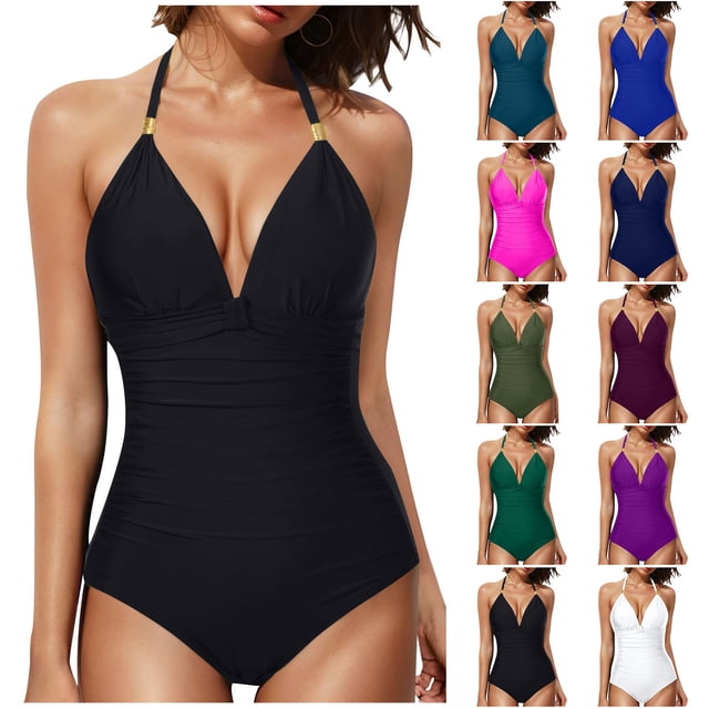 VBTAPA Tummy Control Swimsuits for Women Full Coverage One Piece Bathing Suits Metal Halter V Neck Ruched Slimming Swimwear on Sale Green L