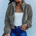 thumbnail image 1 of Femmes Sherpa Veste Revers Manches Longues Récolte Molletonné Zip Vestes Manteau Hiver Chaud Solide Pelucheux Outwear, 1 of 5