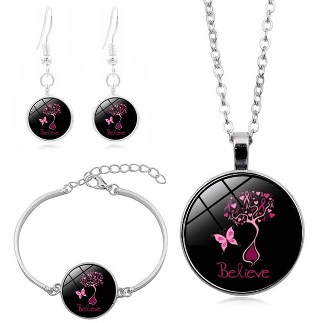 WIFKLSIIPG Flying Angel Wing Ribbon Necklace Bracelet Earrings Set for Women Rose Flower Cancer Awareness Jewelry