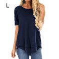 thumbnail image 1 of stanreset Women T-shirt Solid Color Stitching Top Asymmetrical Hem Blouse, Navy Blue, L, 1 of 6