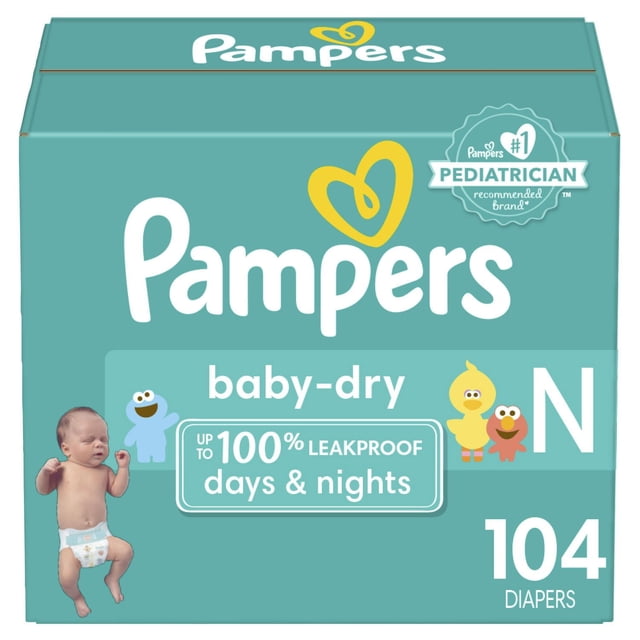 Pampers Baby Dry Couches Taille 0 Boîte en Sarcelle Mettant en Vedette des Personnages de Dessin Animé, Mettant en Valeur une protection jusqu'à 100 % contre les Fuites pendant des Jours et des Nuits, Contenant 104 Couches et un badge de Marque Recommandé par un Pédiatre #1.