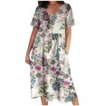 thumbnail image 2 of Robe d'Été pour Femmes 2024 Mode Grande Taille Sexy Vintage Col en V Manches Courtes Bouton Poche Robe Décontractée 50 % de Réduction Liquidation!, 2 of 7