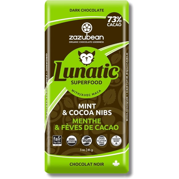 Zazubean Organic Chocolates Lunatic Mint & Cocoa Nibs Dark Chocolate Bars with Maca (12 x 85g)