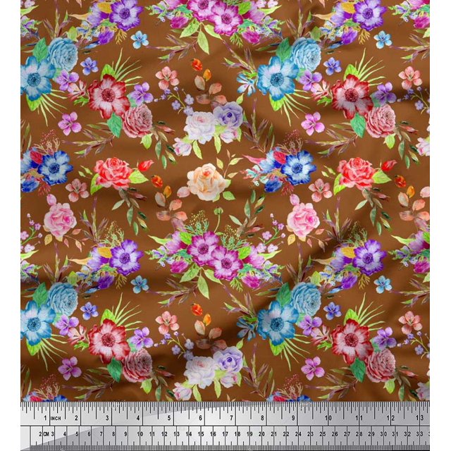Soimoi Viscose Chiffon Fabric Leaves, & Rose Floral Printed Fabric 1 Yard 42 Inch Wide