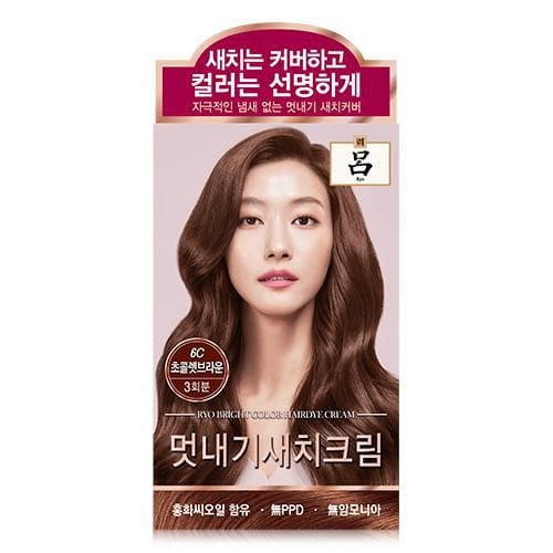 Ryo Uachae Bright Color Hair Dye Cream (6C- Choco Brown) packaging showing long, wavy chocolate brown hair with Korean text highlighting herbal ingredients and a scalp-friendly formula with safflower oil, designed for semi-permanent hair colour.