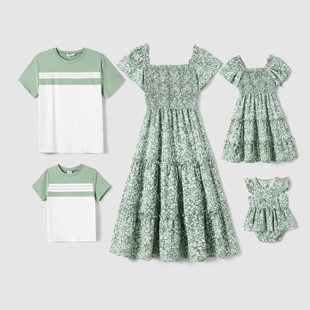 PatPat Tenues Assorties pour la Famille Robes Maxi à Imprimé Floral Intégral Robes Smockées et Robe en Coton à Rayures Colorblock Femme m