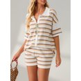 thumbnail image 4 of FOCUSNORM Women Pajamas Set 2 Pieces Loungewear Suits Stripe Contrast Color Button Crochet Knit Tops and Shorts Lounge Sets, 4 of 9