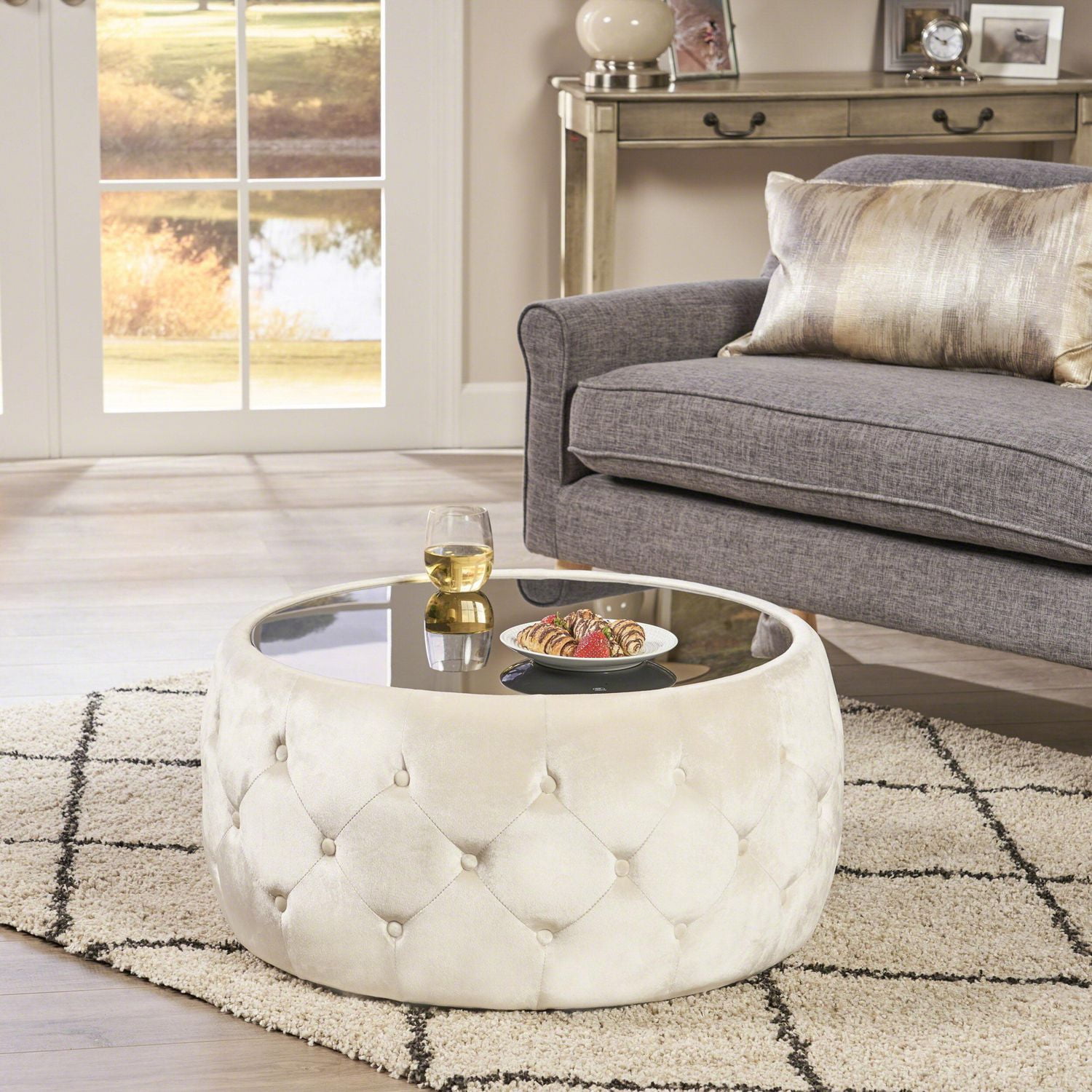 Chana Glam Velvet and Tempered Glass Coffee Table Ottoman, Beige