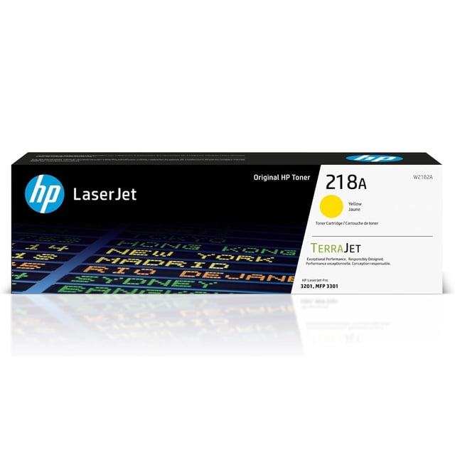 HP 218A Ylw LaserJet Toner Cartridge box with black and white design, featuring the blue HP logo, a yellow color indicator, and text showing compatibility with HP LaserJet Pro 3201 and MFP 3301 printers, designed for efficient color laser printing and reliable performance.