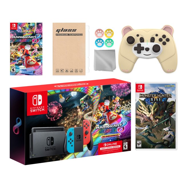 Nintendo Switch Mario Kart 8 Deluxe Bundle : Console Rouge/bleu, Mario Kart 8 & Abonnement, Monster Hunter : Rise, Mytrix Manette Sans Fil Pro Ours Jaune Poire et Accessoires