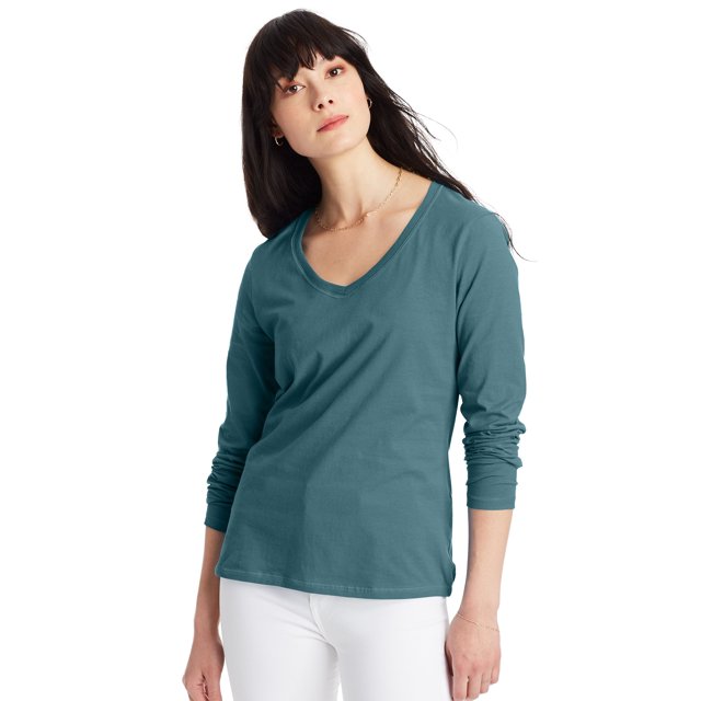 Hanes T-Shirt en Coton à Manches Longues Col en V pour Femmes, G, Cactus
